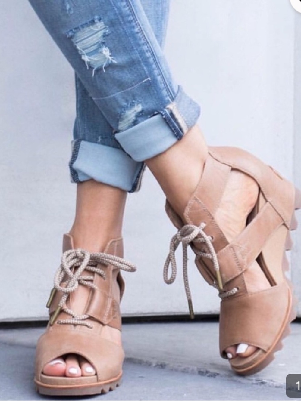 Sorel Joanie Lace Leather Wedge Lace Up Sandals Open Toe Camel Brown Sz 9.5